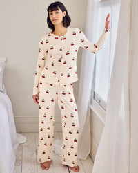 Cherry Print Cardigan Ribbed Long Pyjama Set