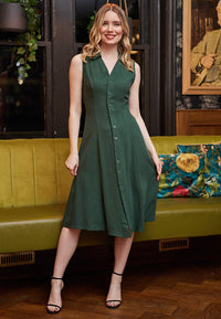 Sleeveless Midi A-line Shirt Dress with Back Detail in Green
