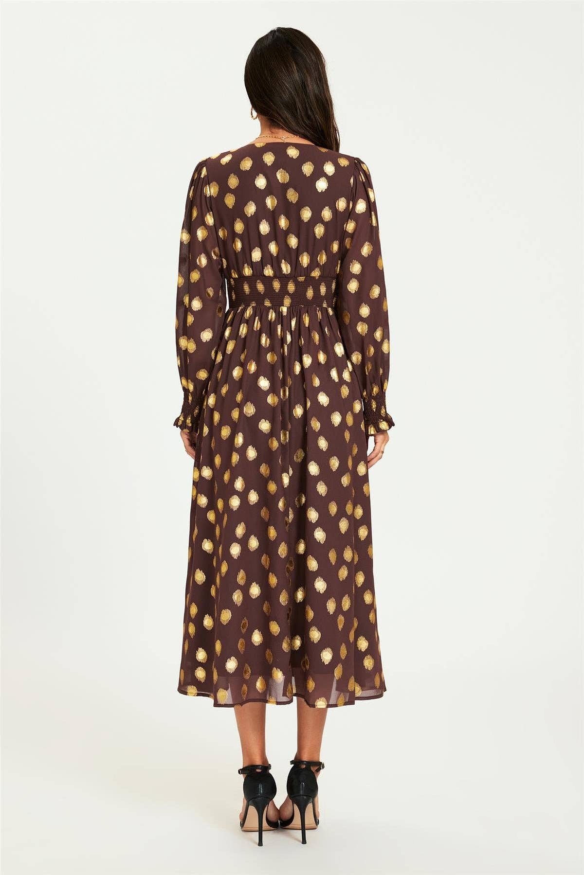 Gold Foil Long Sleeve Maxi Dress In Brown