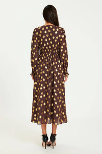 Gold Foil Long Sleeve Maxi Dress In Brown