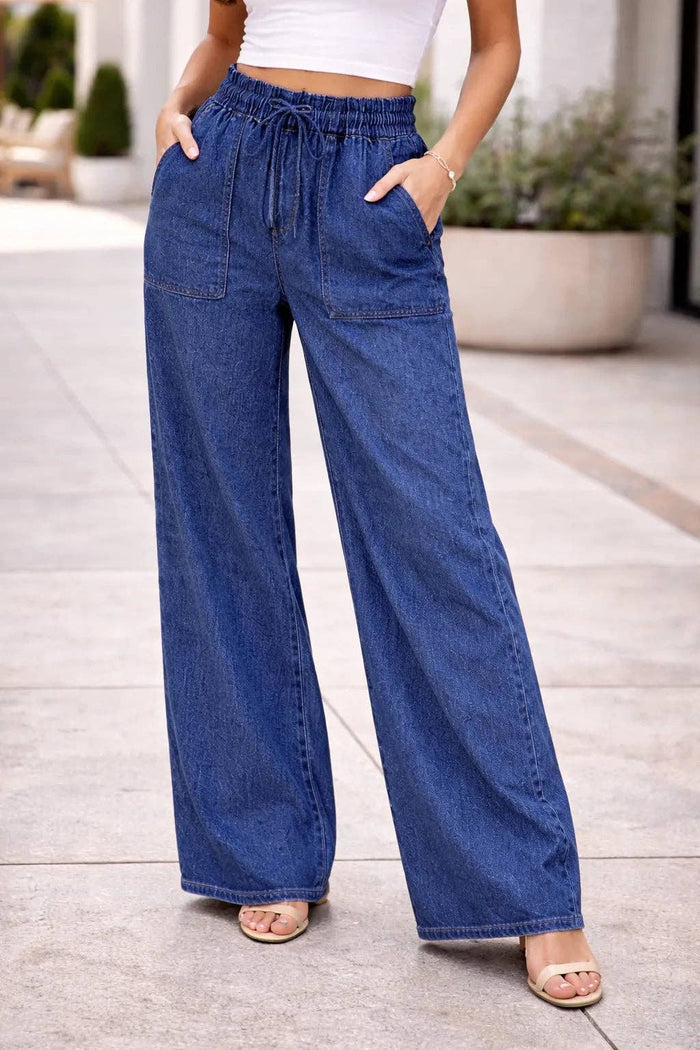 Italian Womens High-Waist Wide-Leg Loose Fit Denim Trousers.
