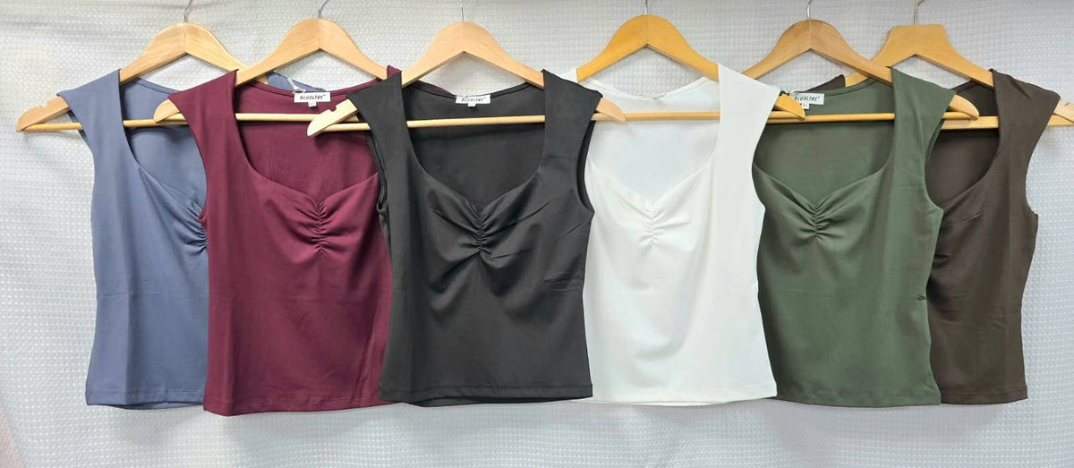 Scuba Rouched Sweetheart Neck Top: Brown