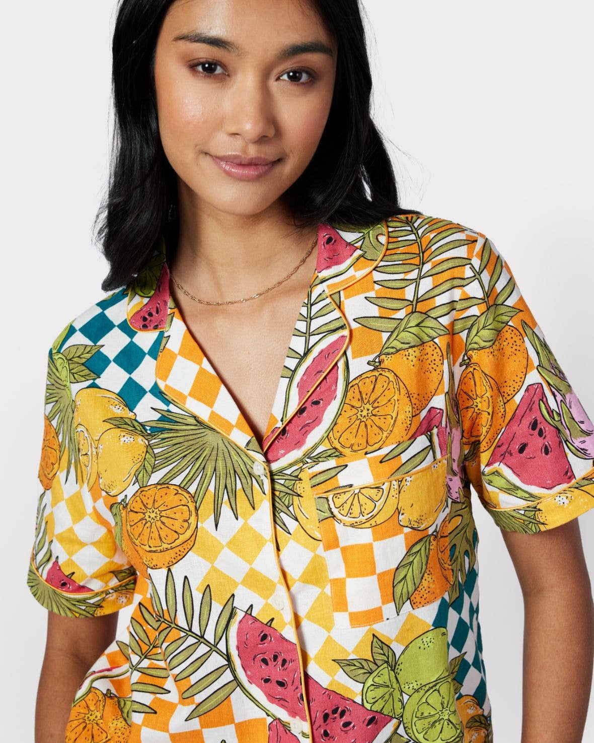 Chelsea Peers - Linen-Blend Fruit Checkerboard Print Short Pyjama Set