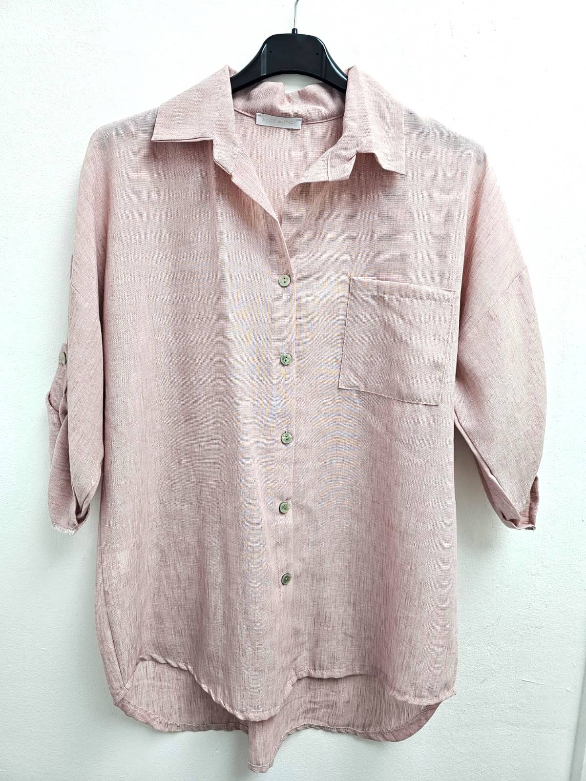 Italian One Size Full Button Linen Shirt Blouse with Pocket