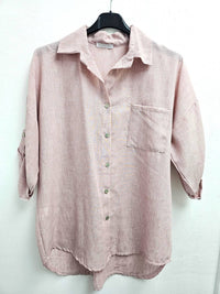 Italian One Size Full Button Linen Shirt Blouse with Pocket