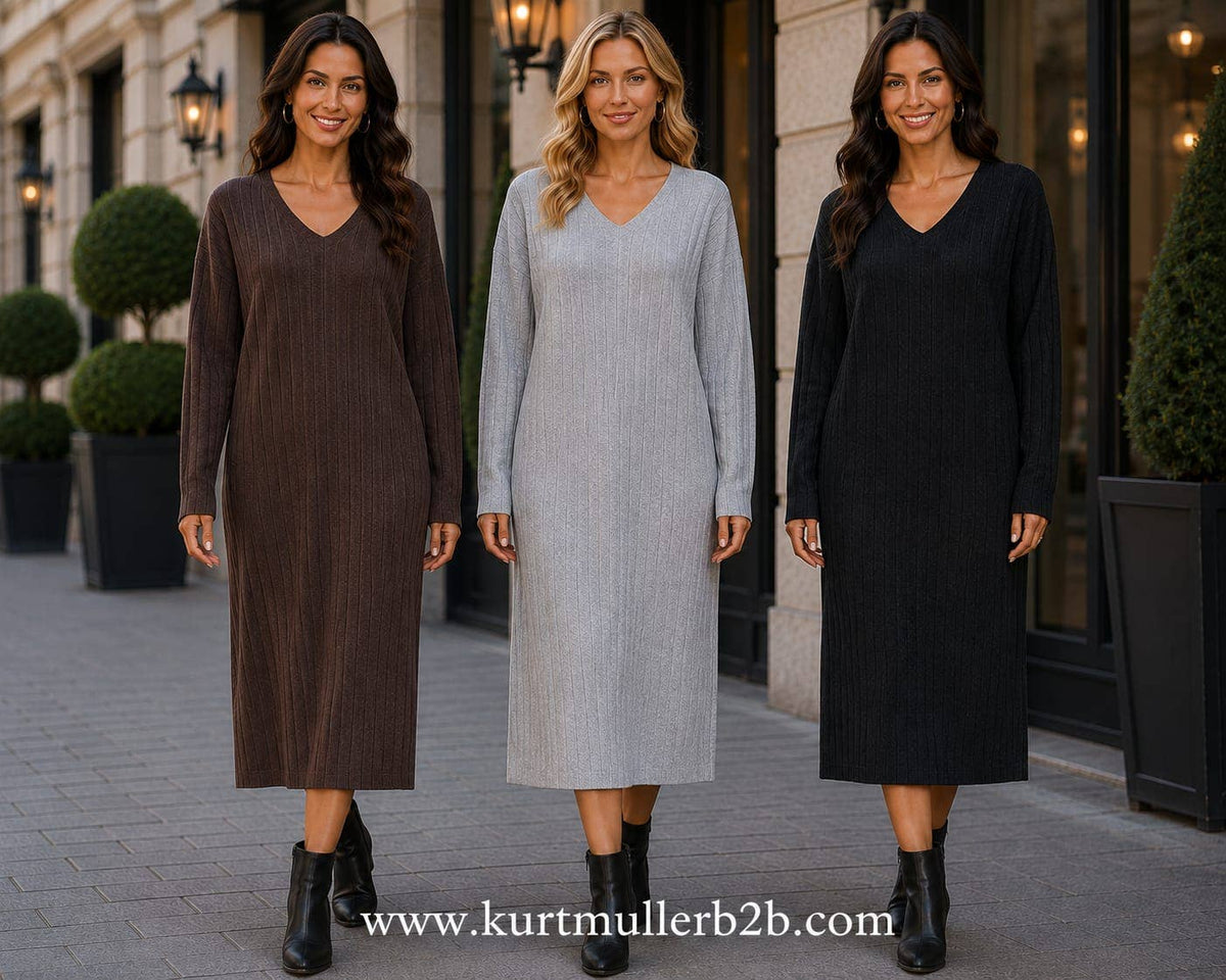 V neck Ribbed Knit Dress