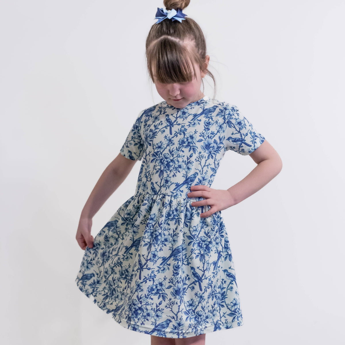 Girls Short Sleeve Cotton Dress - Willow Flower print