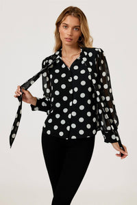 Dot Print Tie Detail long sleeve Blouse Top In Black