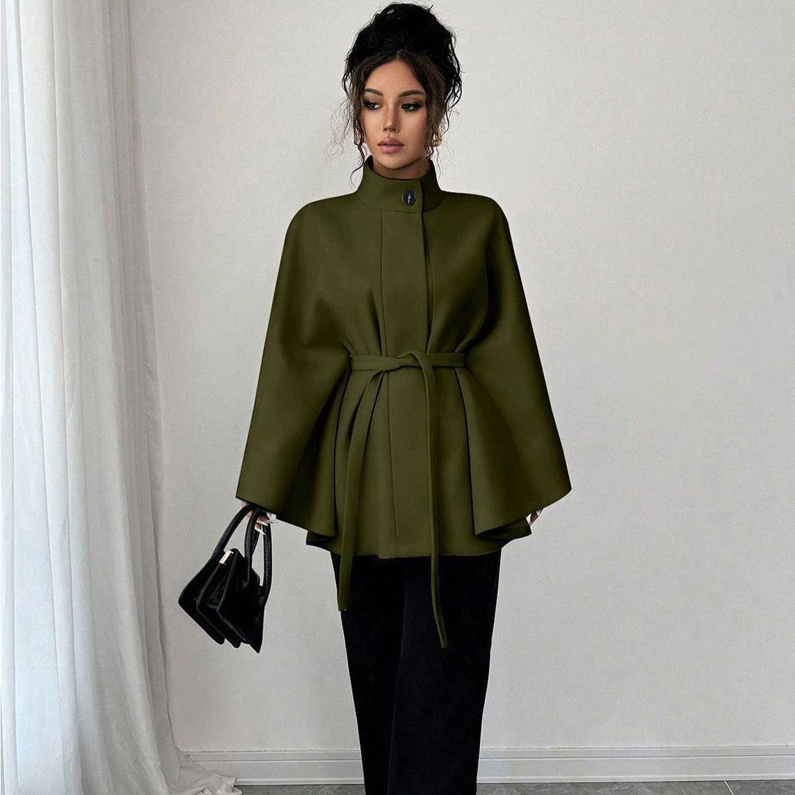 Batwing Cape Jacket with High Neck and Tie-Waist