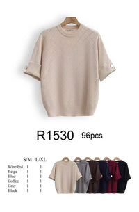 Turn Up Gold Button Sleeve Diamond Embroidery Knit