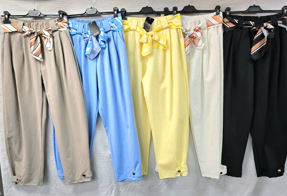 Gold Button Carrot Cotton Belt Trousers