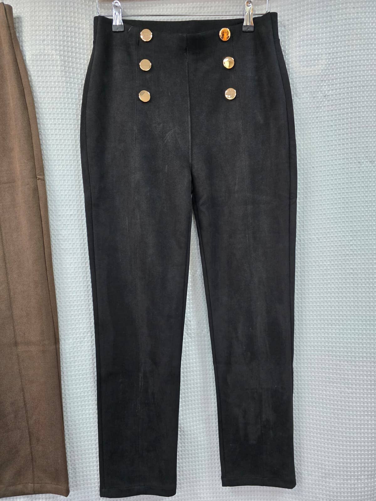 Gold Button Suedette Straight Leg Trousers