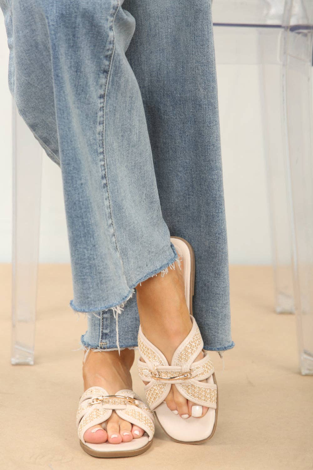 Cream Gold Trim Detail Raffia Cross-Strap Flat Sandals