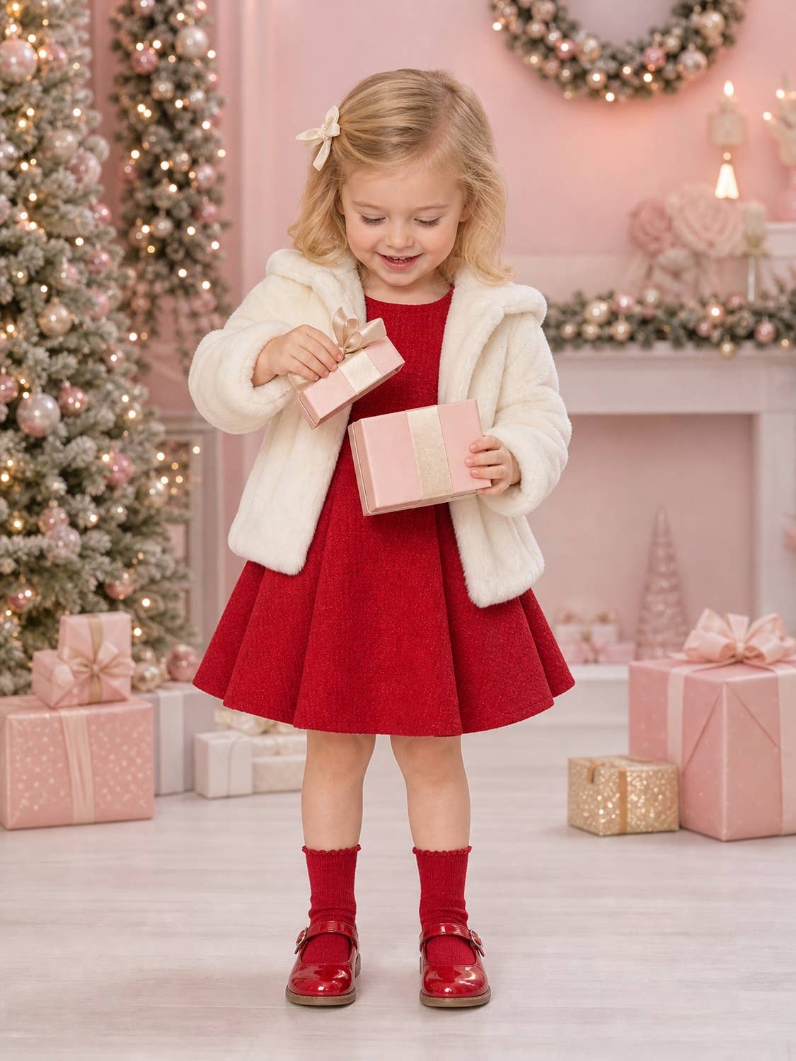 Girls red dress and white faux fur coat - 68109