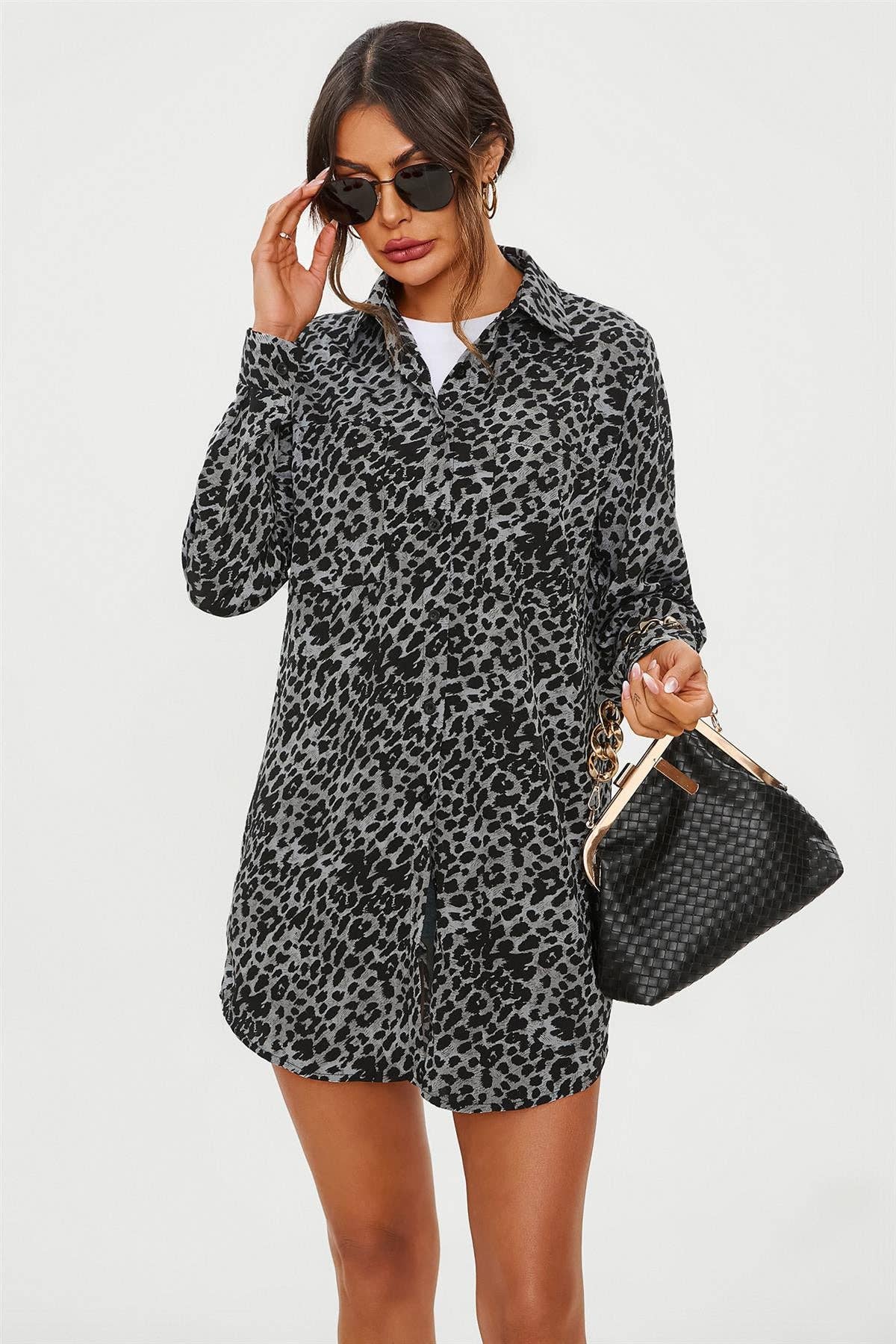 Leopard Print Tunic Shirt In Grey Blue