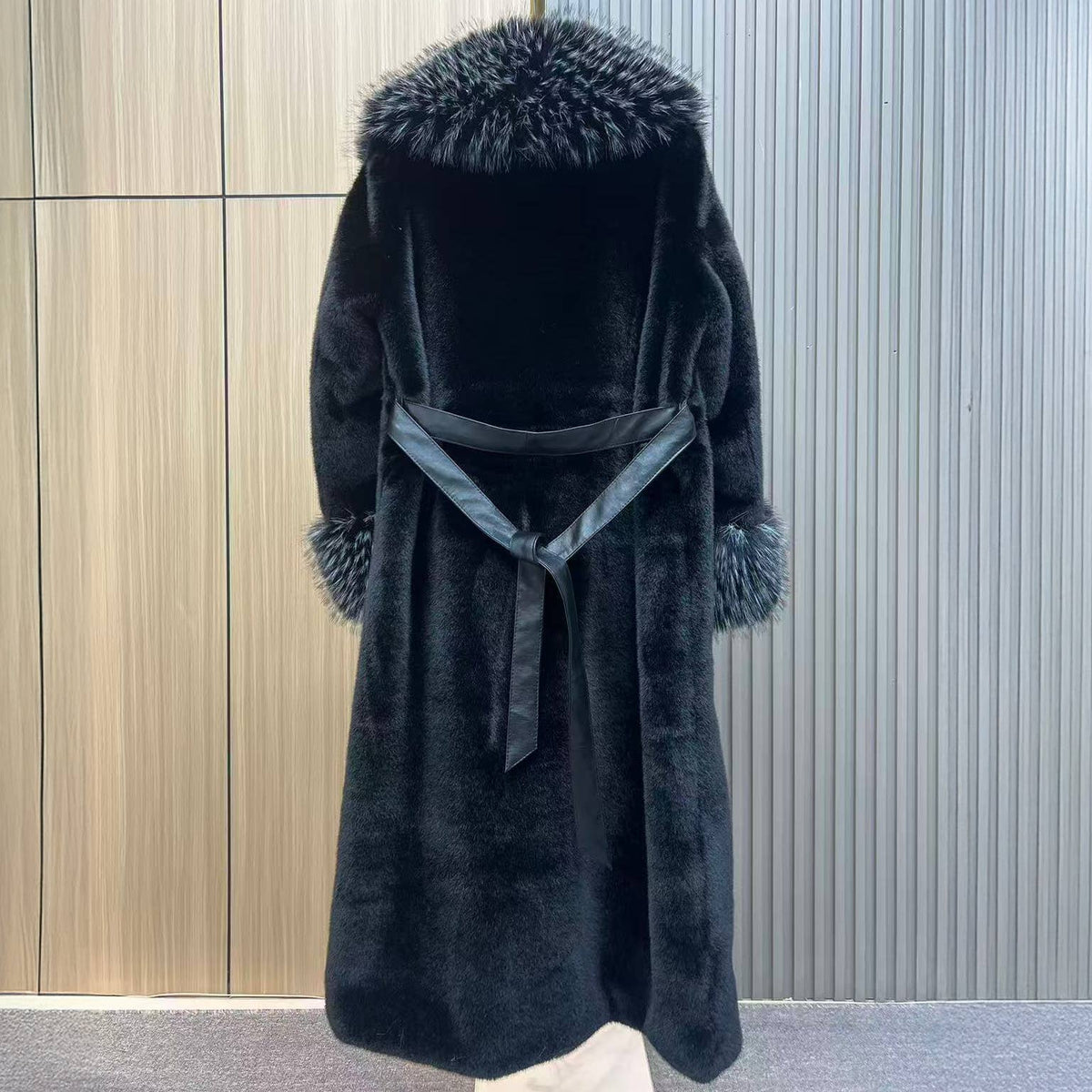 Black Faux Fur Long Coat with Faux Fur Collar & Cuffs