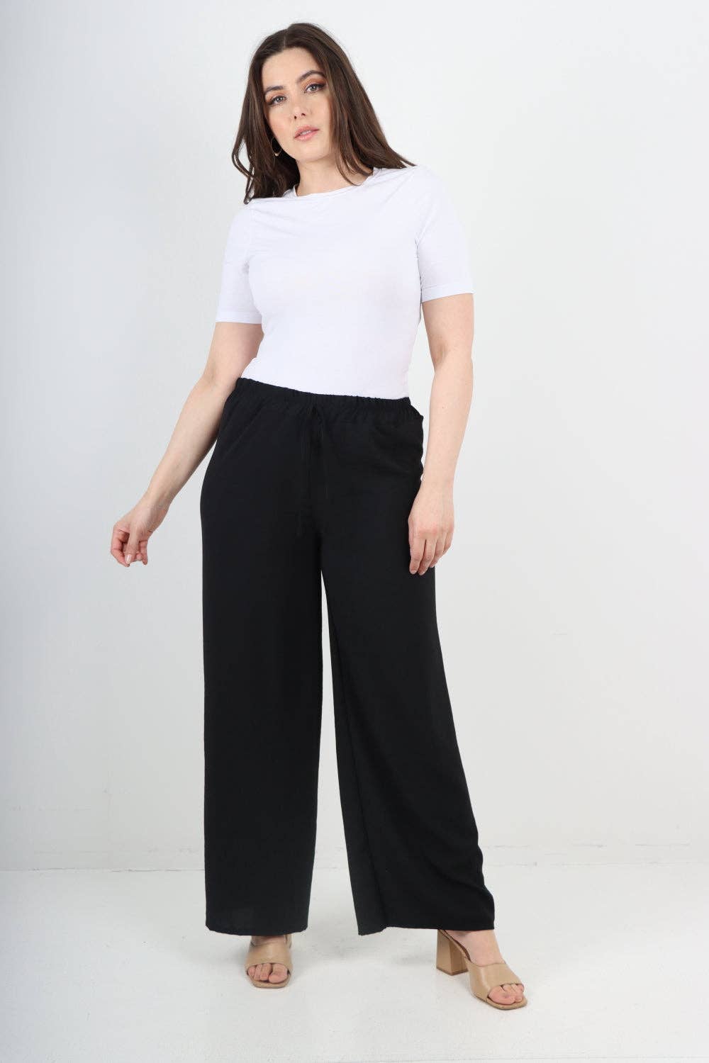 Italian Elastic Waistband Drawstring Wide Leg Trousers