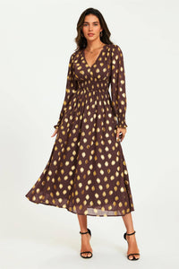 Gold Foil Long Sleeve Maxi Dress In Brown