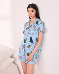 Sleepy Cats Print Button-Up Short Pyjama Set