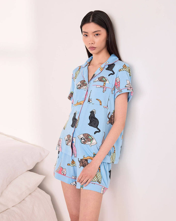 Sleepy Cats Print Button-Up Short Pyjama Set
