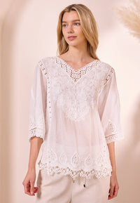 White Cotton Embroidered Blouse with Lace