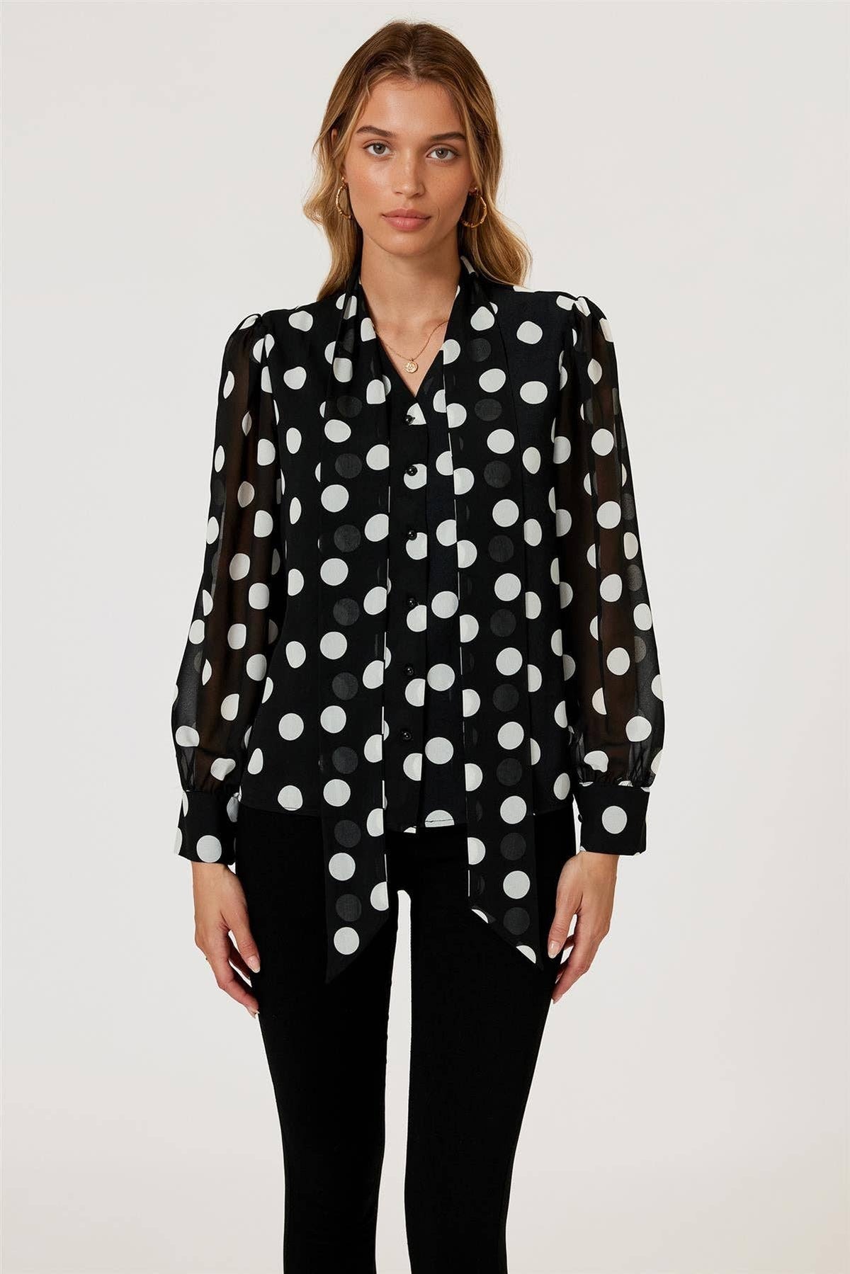 Dot Print Tie Detail long sleeve Blouse Top In Black