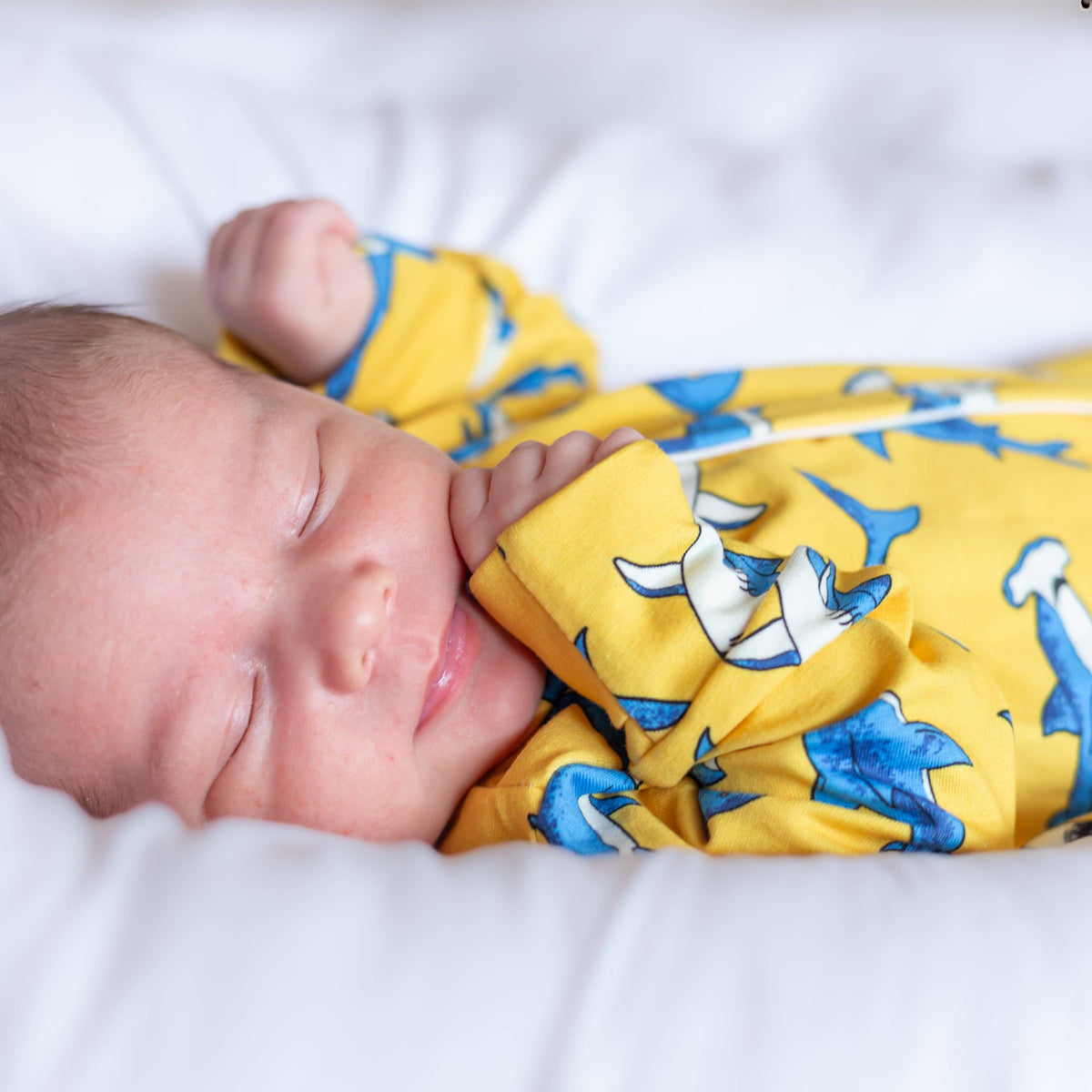 Unisex Baby Cotton Sleepsuit (Onesie) – Yellow shark Print