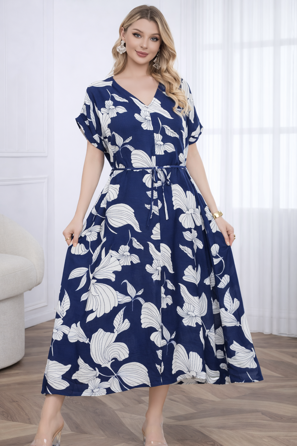 Floral Print Midi Dress with Drawstring Waist - Available in other colours