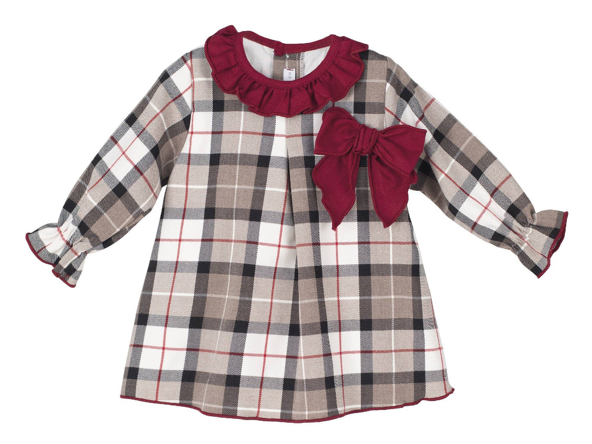 Traditional Tartan Dress with Red Collar and Bow Detail