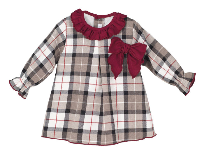 Traditional Tartan Dress with Red Collar and Bow Detail