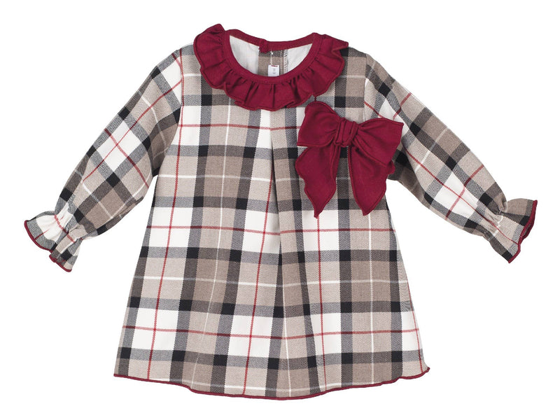 Traditional Tartan Dress with Red Collar and Bow Detail