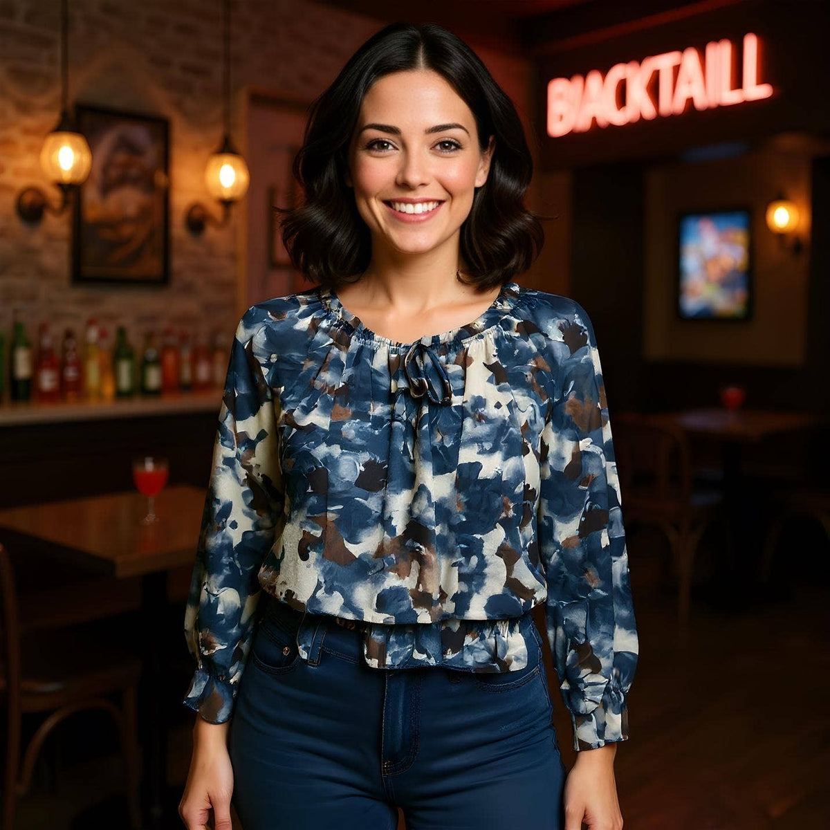 Abstract Floral Ruffle Bardot Blouse