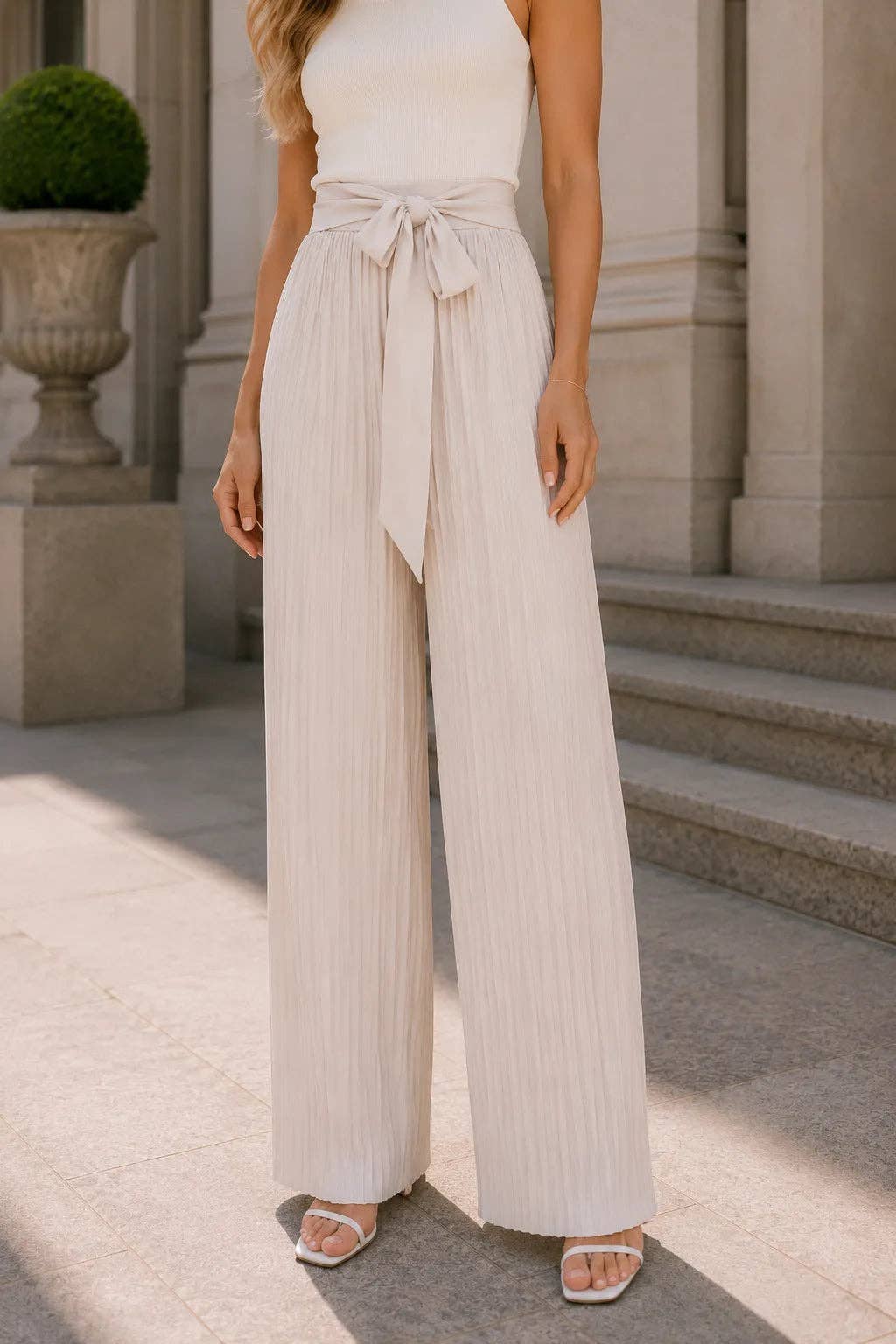 Italian Womens Pleated Tie Waist Palazzo Trousers