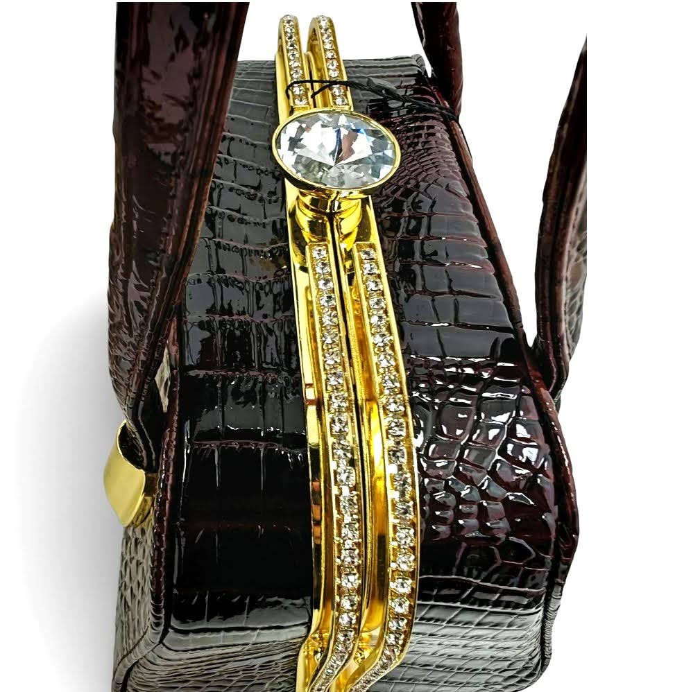 Small Medium Croc Pattern Diamante Top Handle Shiny Bag