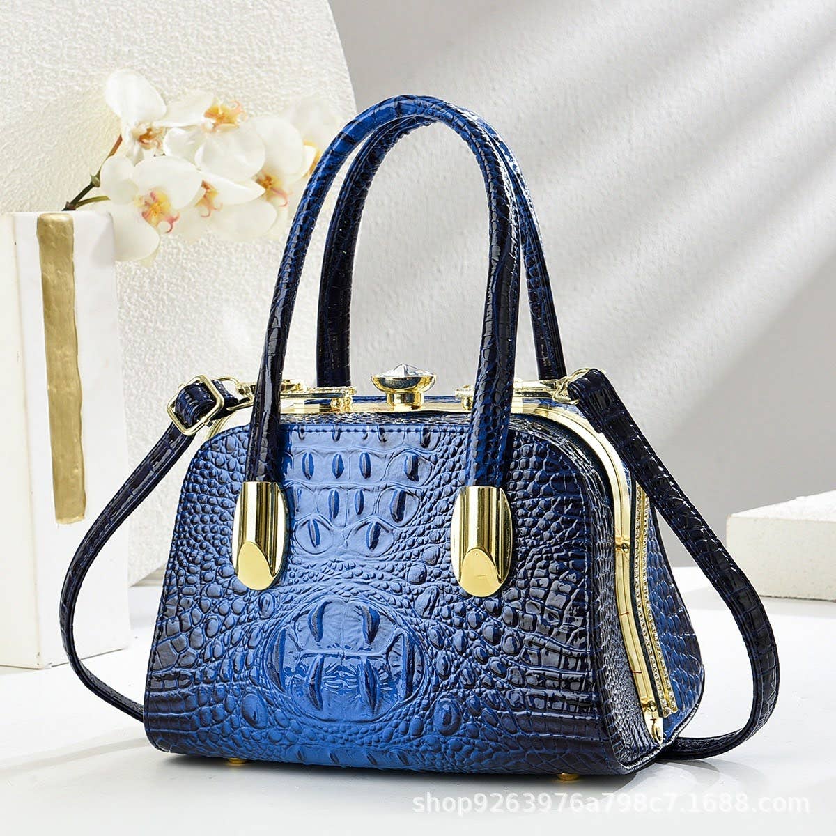 Small Medium Croc Pattern Diamante Top Handle Shiny Bag