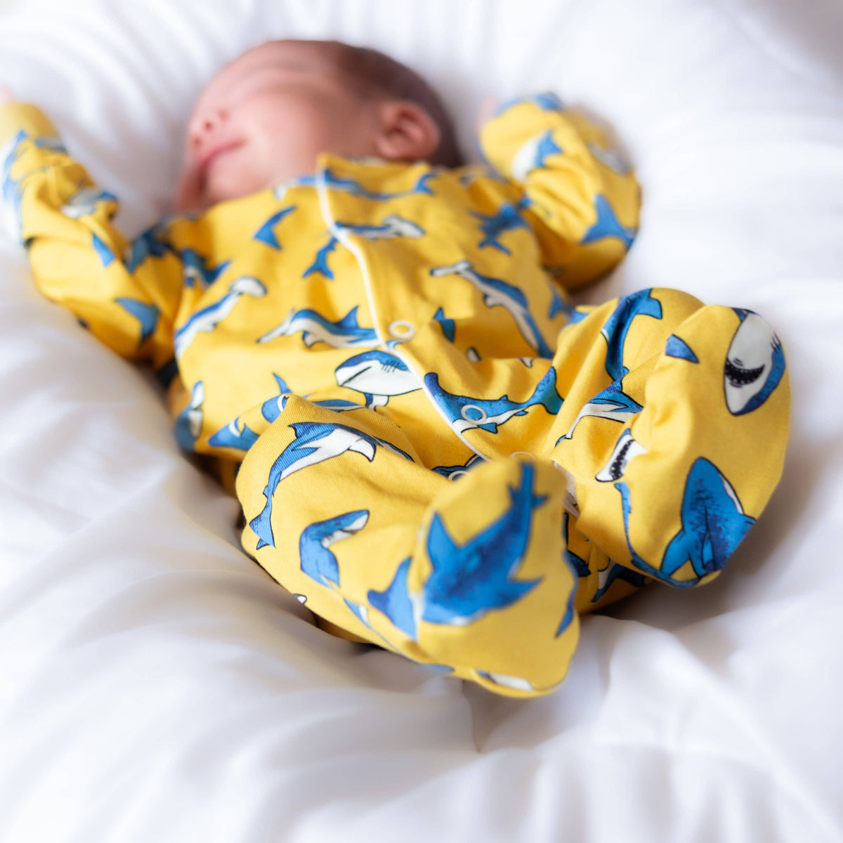 Unisex Baby Cotton Sleepsuit (Onesie) – Yellow shark Print