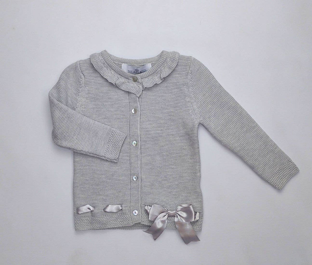 Girls cardigan with frill neck collar, buttons and bow detail - 21605 Camel & Grey Options