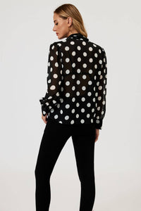 Dot Print Tie Detail long sleeve Blouse Top In Black