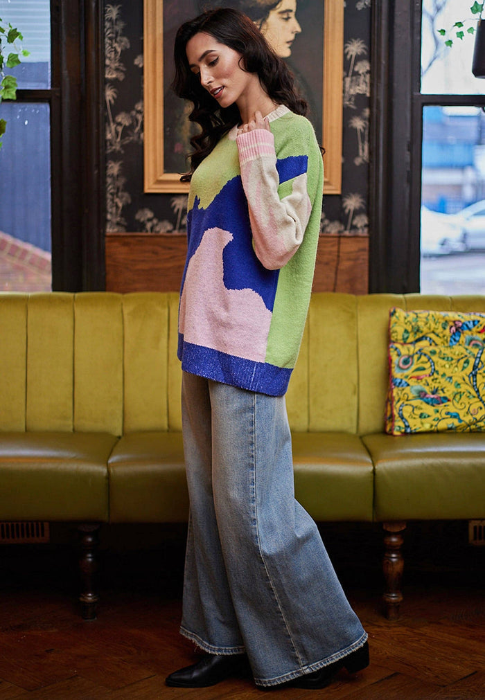 Abstract Multi Print Knit Jumper In Green