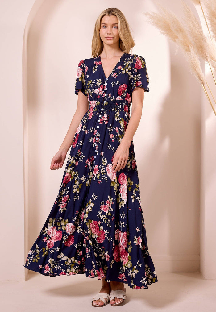 Ruched Waist Maxi Dress in Navy Floral Print