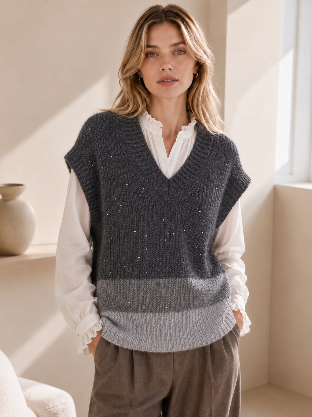 Contrast Hem V-Neck Knit Vest