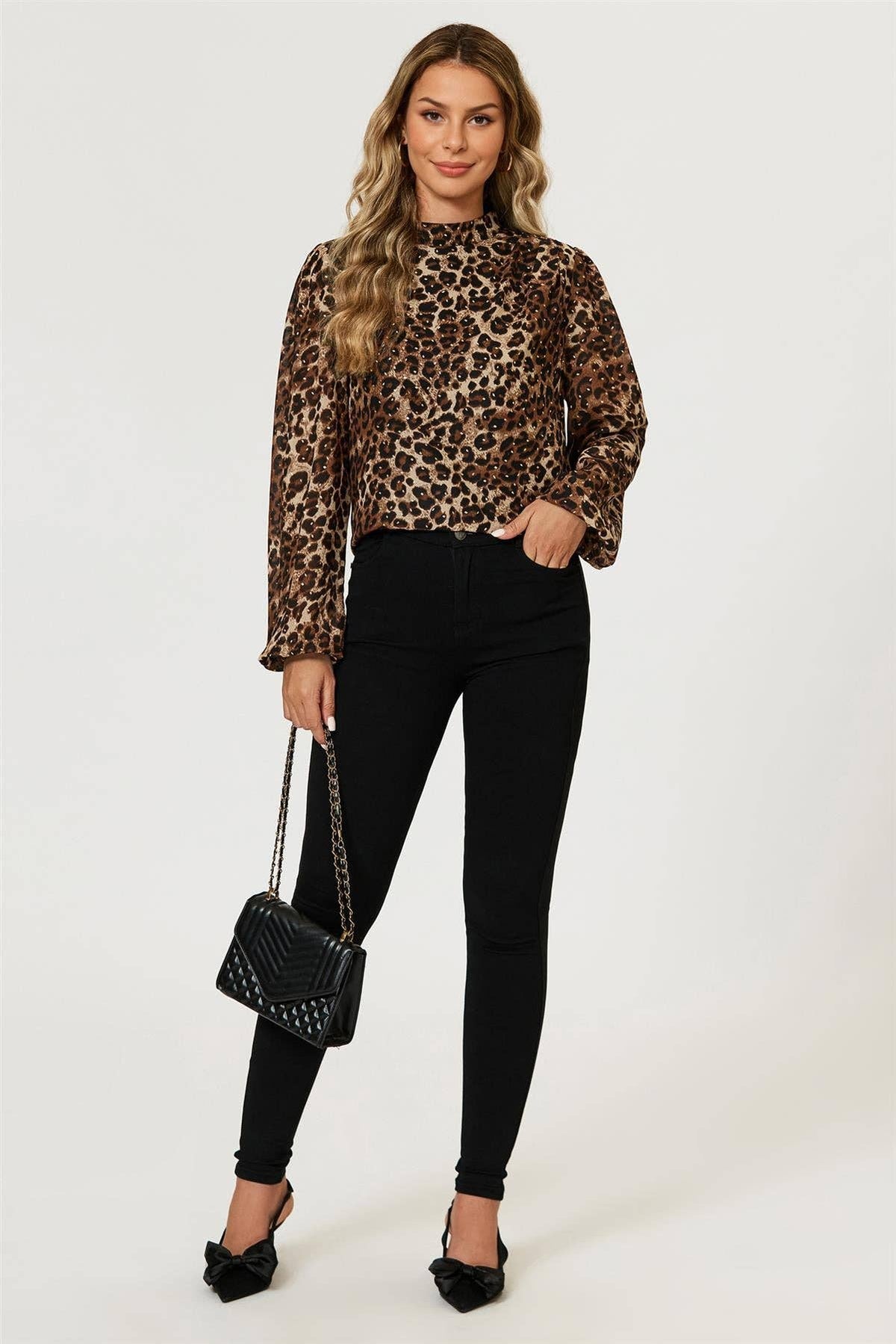 Leopard Print Foil Long Sleeve High Neck Top In Brown