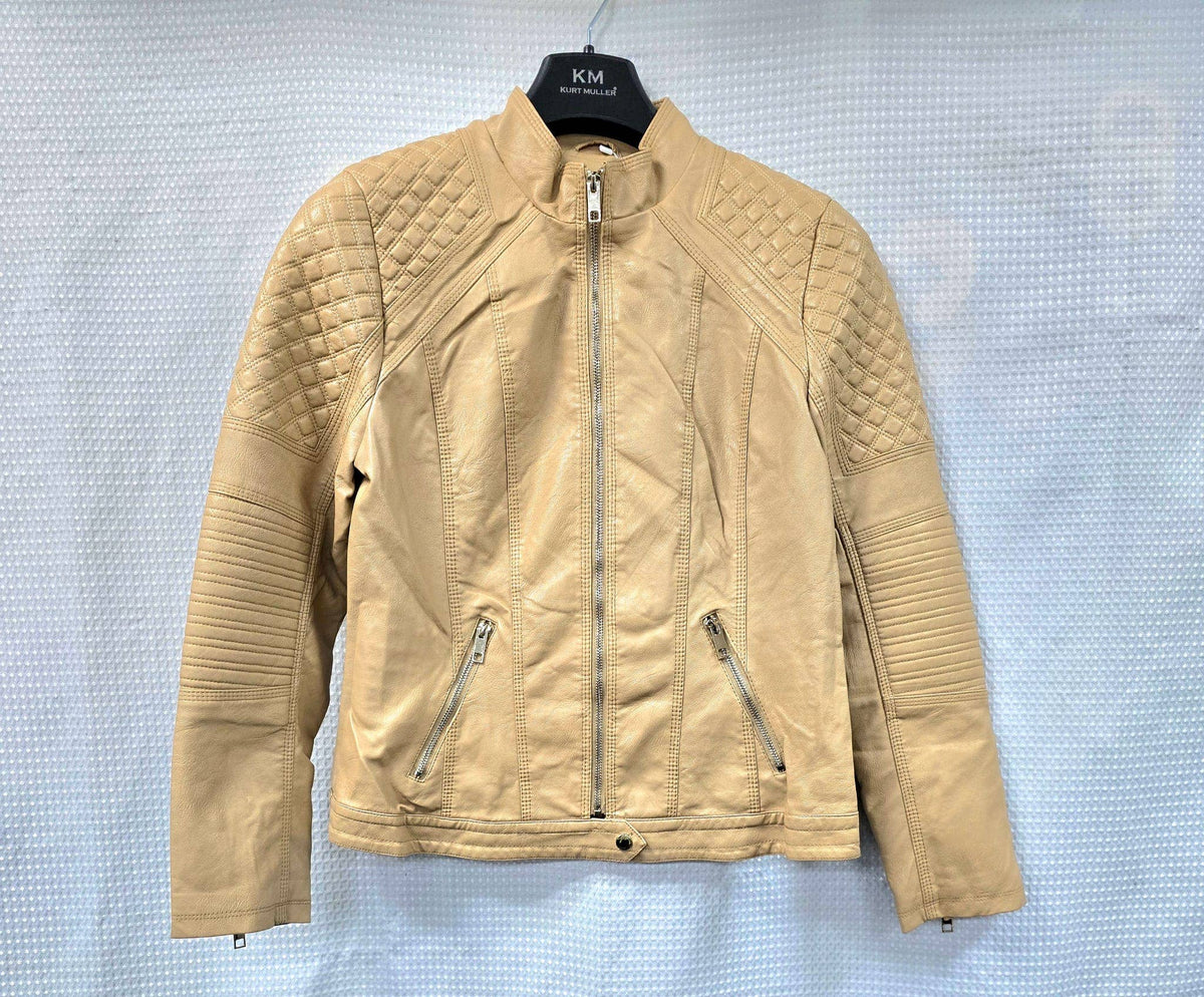 Beige Quilted Mandarin Neck Vegan Leather Jacket