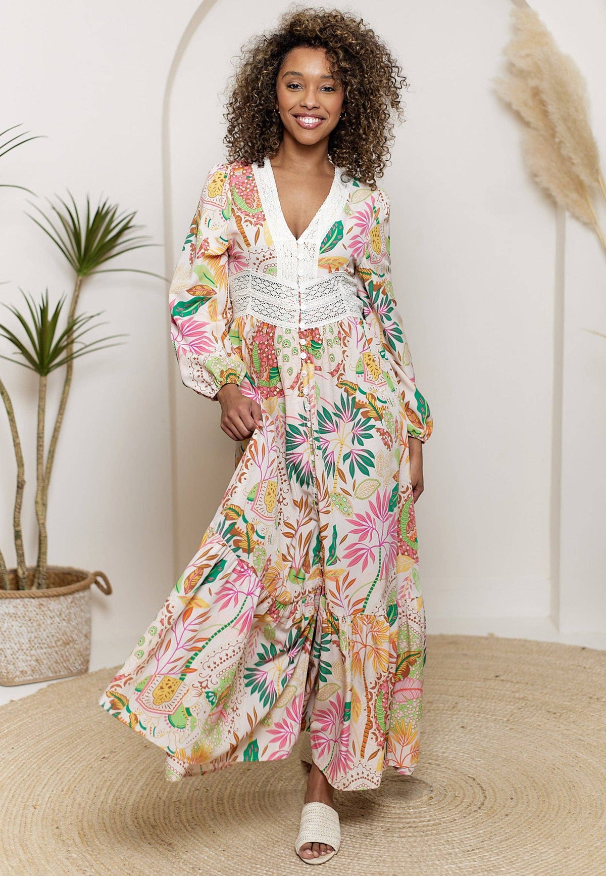 Pink Floral Print Long Sleeve Maxi Dress with Crochet Detail