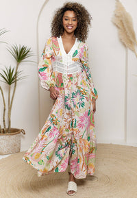 Pink Floral Print Long Sleeve Maxi Dress with Crochet Detail