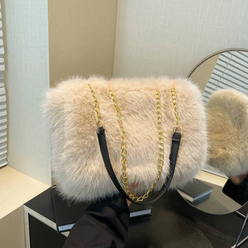 Faux Fur Flap Over Chain Strap Shoulder Bag