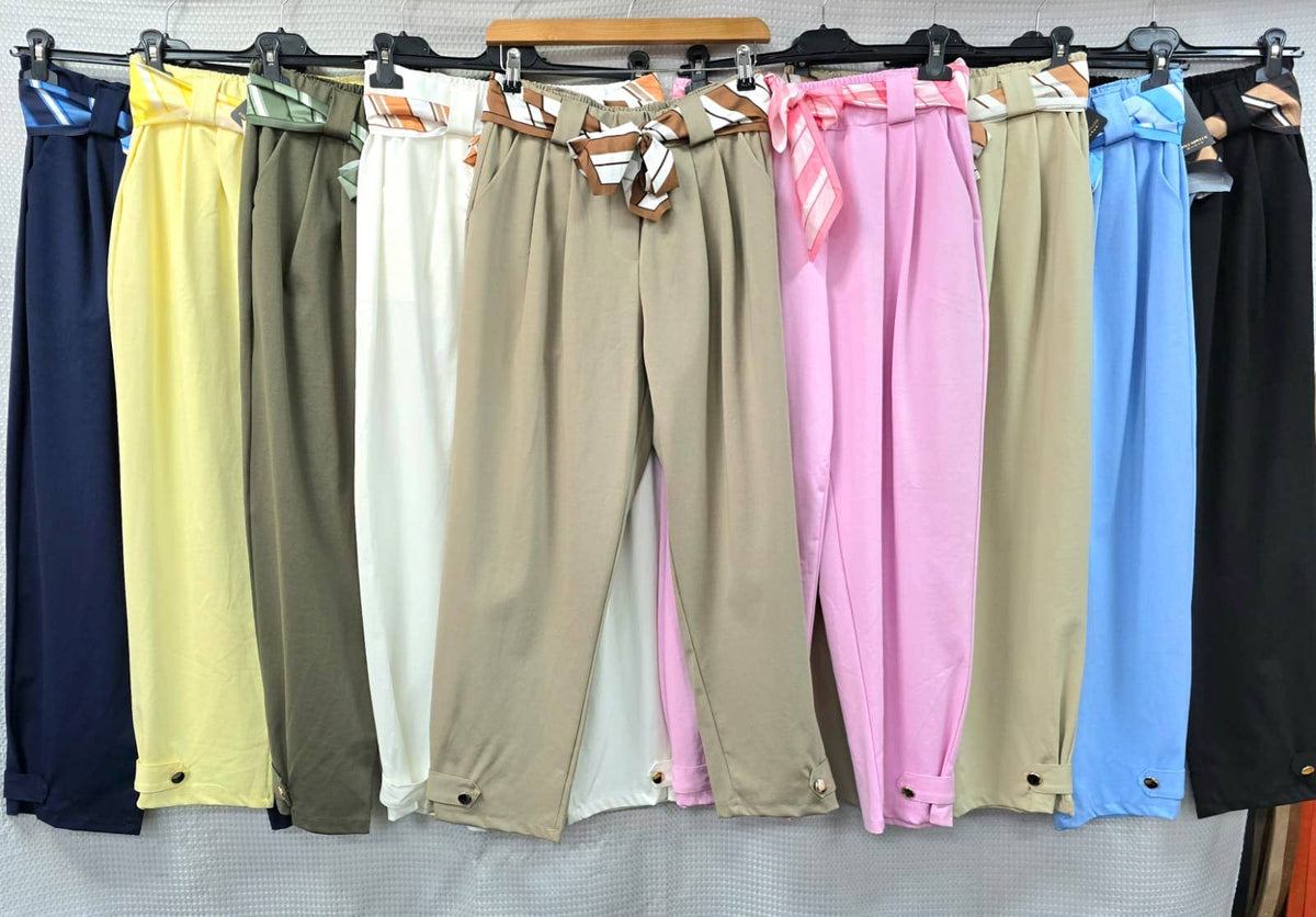 Gold Button Carrot Cotton Belt Trousers