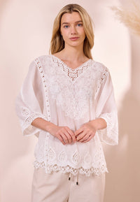 White Cotton Embroidered Blouse with Lace