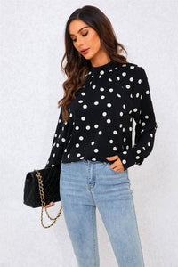 Black Dot Print Halter Neck Blouse Top In Black