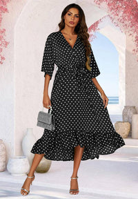 Polka Dot Print Wrap Top Kimono Sleeve Maxi Dress In Black